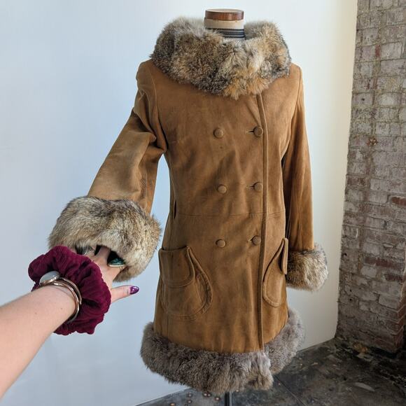 Vintage Brown Suede Fur Trim Penny Lane Jacket Furry Leather Trench Coat Medium - Picture 9 of 16